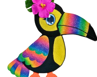 Tropical toucan wreath attachment, rainbow bird wall decor, colorful luau party accent, handmade tropical bird art