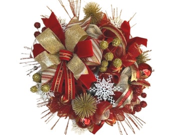 Elegant Christmas red and gold front door wreath for your home or office made with premium ribbons, sparkling holiday décor for your home