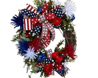 Patriotic front door wreath for any patriotic holiday: Veterans Day Memorial Day July 4th President's Day, Red white blue patriotic wreath