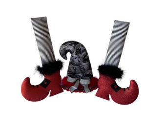 Witch red and black legs and hat set Halloween decor or wreath attachment, witch wreath attachment set, black and white striped witch legs