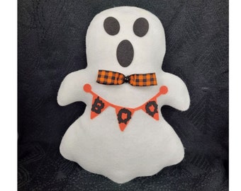Halloween Ghost BOO, White Ghost Wreath Attachment, Home Decoration, Black BOO Letters with Orange Banner, Friendly Ghost Plushy, Ghost Bow