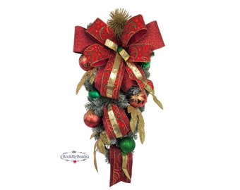 Christmas Swag decor for your front door, red, green and gold holiday swag home decor, Winter door swag for your home, outside wall art