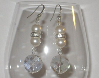 Swarovski White Pearls w/ Rhinestone and Crystal Dangle Earrings,Earrings,Jewelry,Pearl Earrings,Wedding Jewelry,Bridal Earrings,Pearls