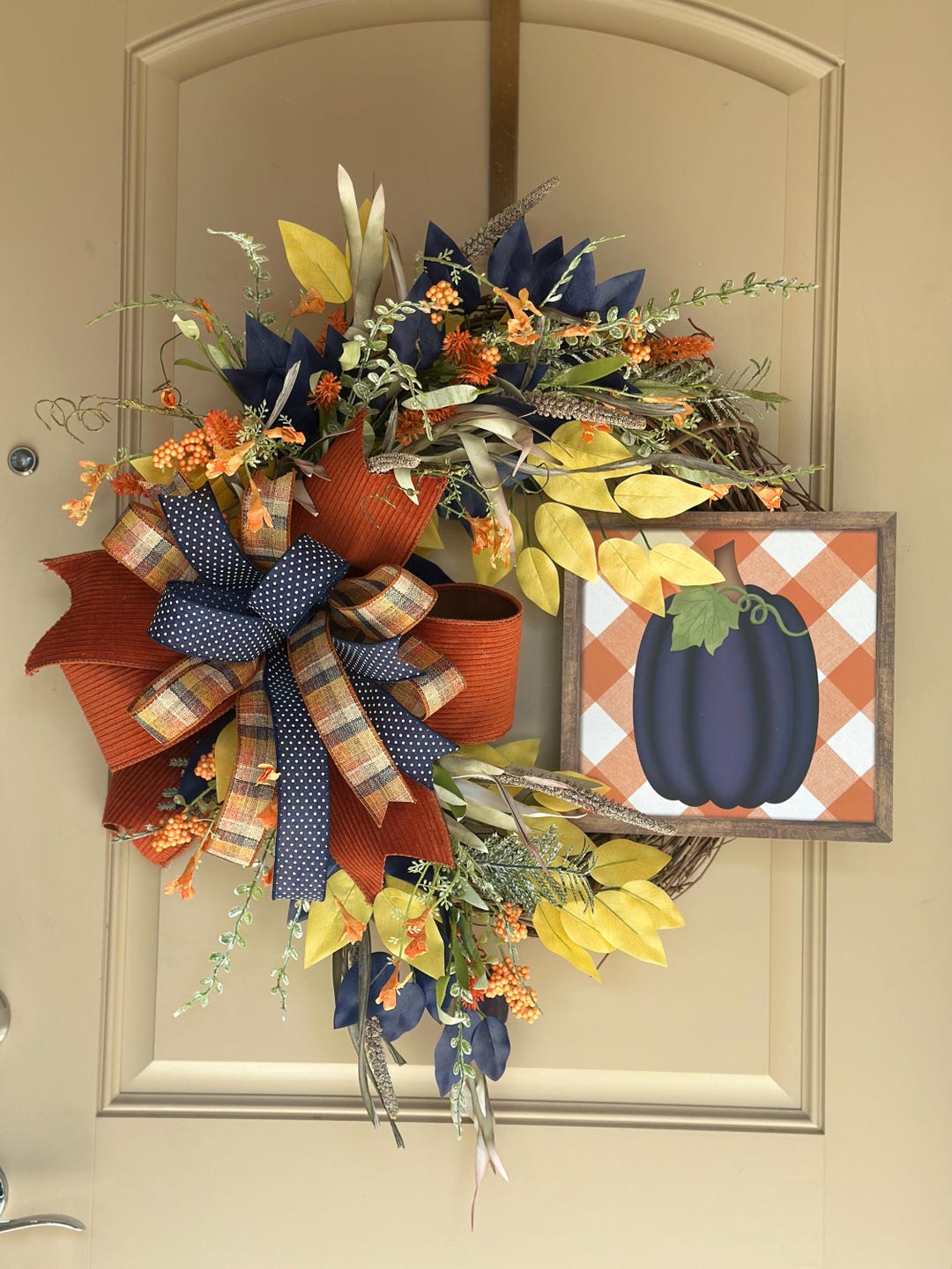 Rustic Farmhouse Blue Pumpkin Wreath: Fall Front Door Decor - Etsy