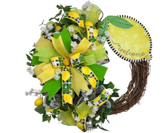 Welcome lemon wreath for front door, kitchen door wreaths summer, kitchen Lemon Decor, Lemons front door wreath, Faux Lemon Decor