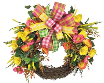 Spring floral wreath for front door poppy flowers with vibrant decorative bow for home entrance and interior foyer wall hanging room decor