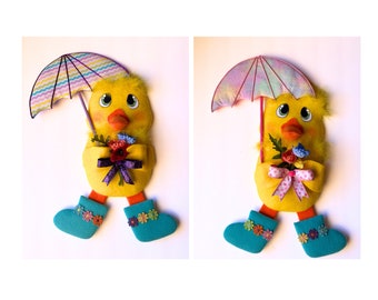 Yellow Spring duckie with umbrella wreath attachment and wall décor, Springtime yellow duck decor