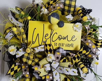 Welcome To Our Home Bee Wreath, Welcome Wreath, All Occasion Wreath, Bumble Bee Weath, Front Door Wreath, Door Décor, Whimsical Wreath, Bees