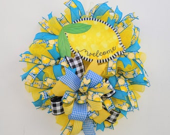 Welcome lemon wreath for front door, lemon kitchen decor, yellow and blue lemon summer wreath for your home, citrus decor, welcome wreath