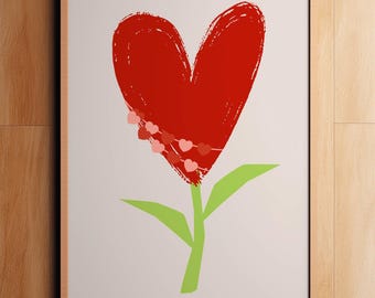 Red Heart Flower Print | Minimalist Botanical Art (Digital Download)