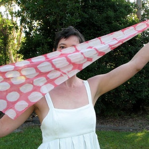 pink and white dots silk scarf hand-dyed with natural cochineal, long triangular shard shape
