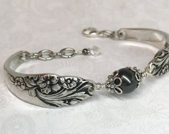 Spoon Bracelet with Black Crystal Pearl, Silverware Jewelry, 'Evening Star' 1950