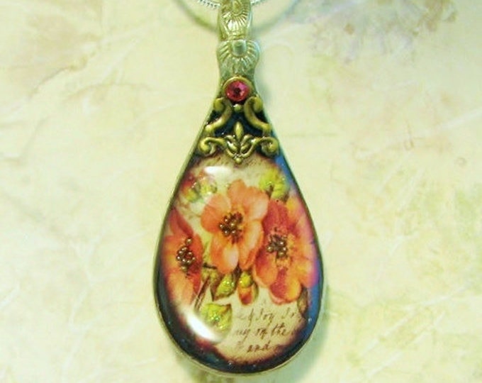 Vintage Spoon Necklace Pendant With Orange Vintage Flowers Etsy