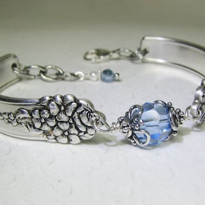 Spoon Bracelet with Light Sapphire Crystal, 'Moss Rose' 1949, Silverware Jewelry, Customizable