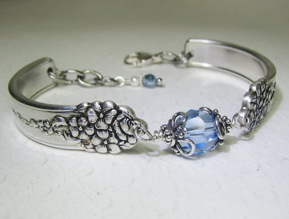 Spoon Bracelet with Light Sapphire Crystal, 'Moss Rose' 1949, Silverware Jewelry, Customizable