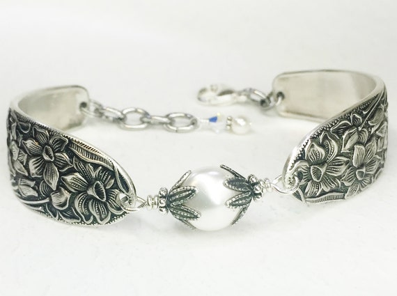 Spoon Bracelet featuring White Coin Pearl,  Silverware Jewelry, 'Narcissus' 1935