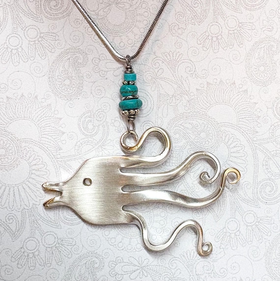 Fish Fork Necklace Vintage Fork Jewelry Silverware Jewelry Turquoise Ocean Pendant Nautical Gift Men Women Beach Accessory Coastal Charm
