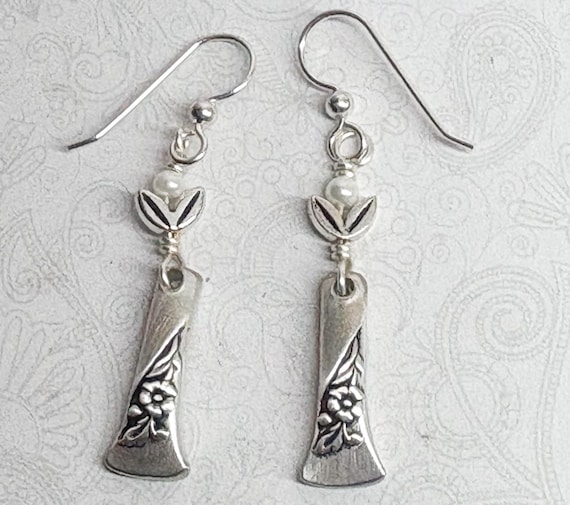 Petite Spoon Earrings, White Pearls, Sterling Silver Ear Wires, Silverware Jewelry, "Evening Star" 1950