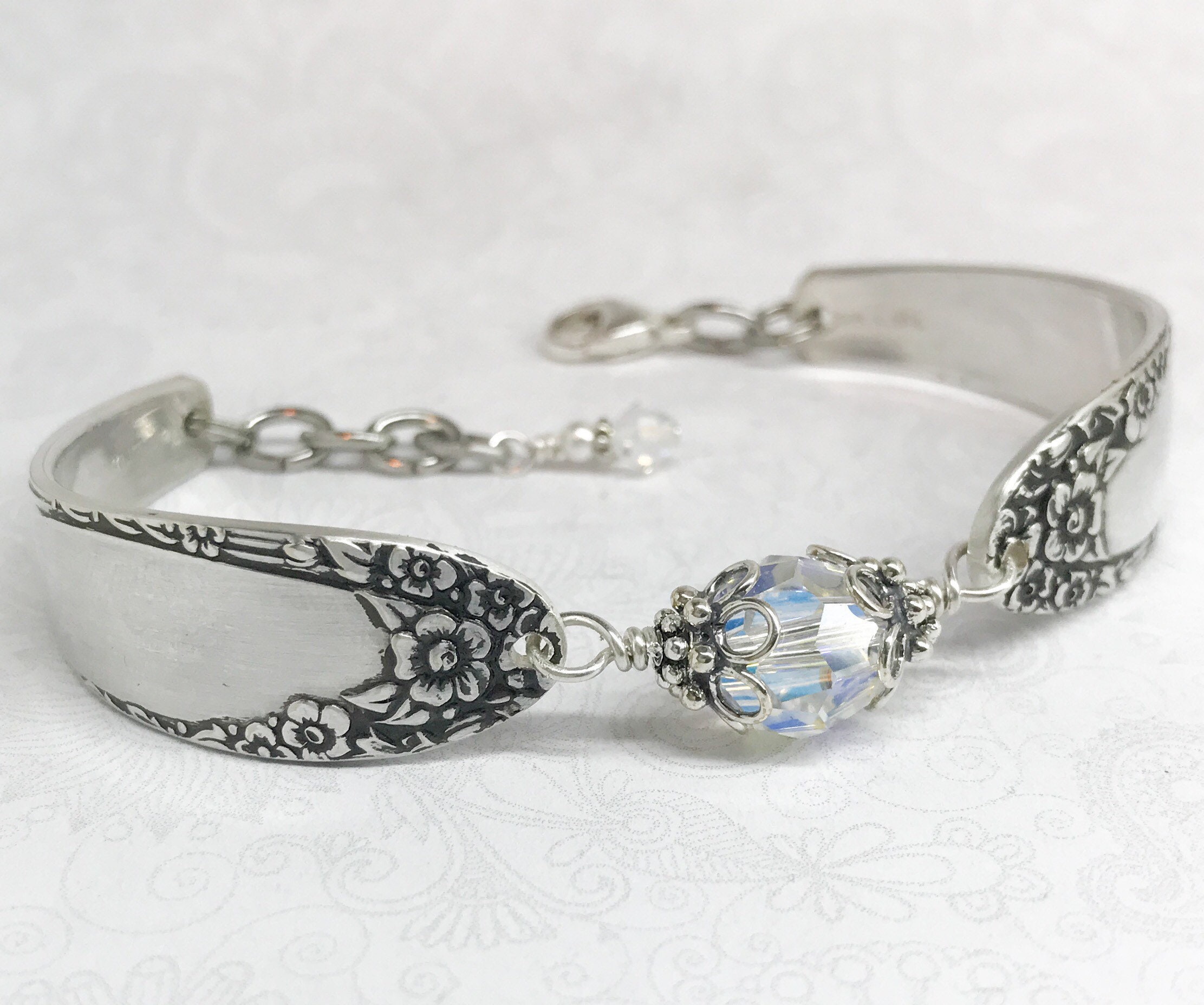 Silver Spoon Bracelet, Clear Crystal, Silverware Jewelry, 'English