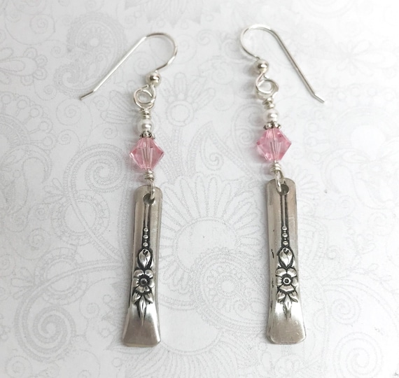 Dangle Spoon Earrings, Light Pink Crystals, White Pearls, Silverware Jewelry