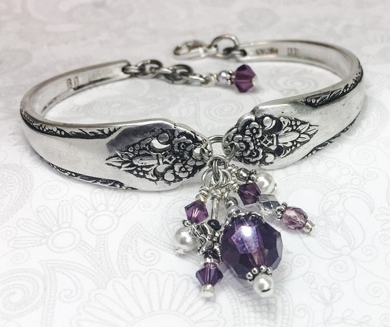 Silver Spoon Bracelet, Purple Crystals, Dragonfly & White Pearls, 'Lovely Lady' 1937