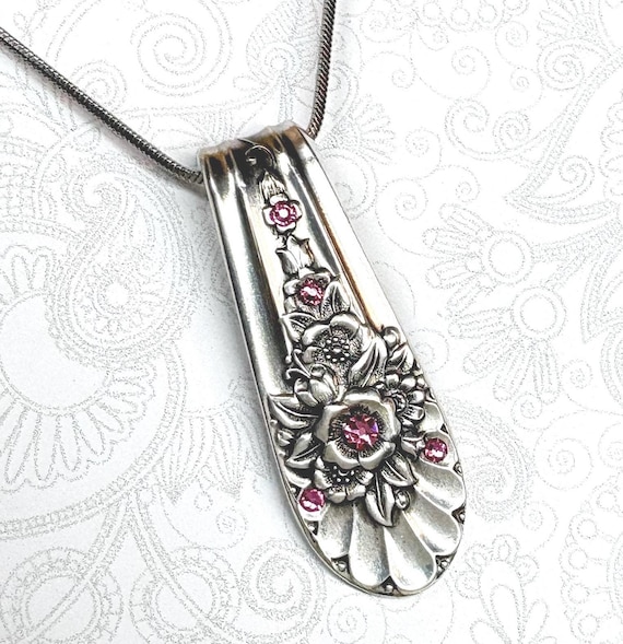 Spoon Necklace, 'Jubilee' 1953, Pink Swarovski Crystal Spoon Jewelry, October Birthstone Pendant