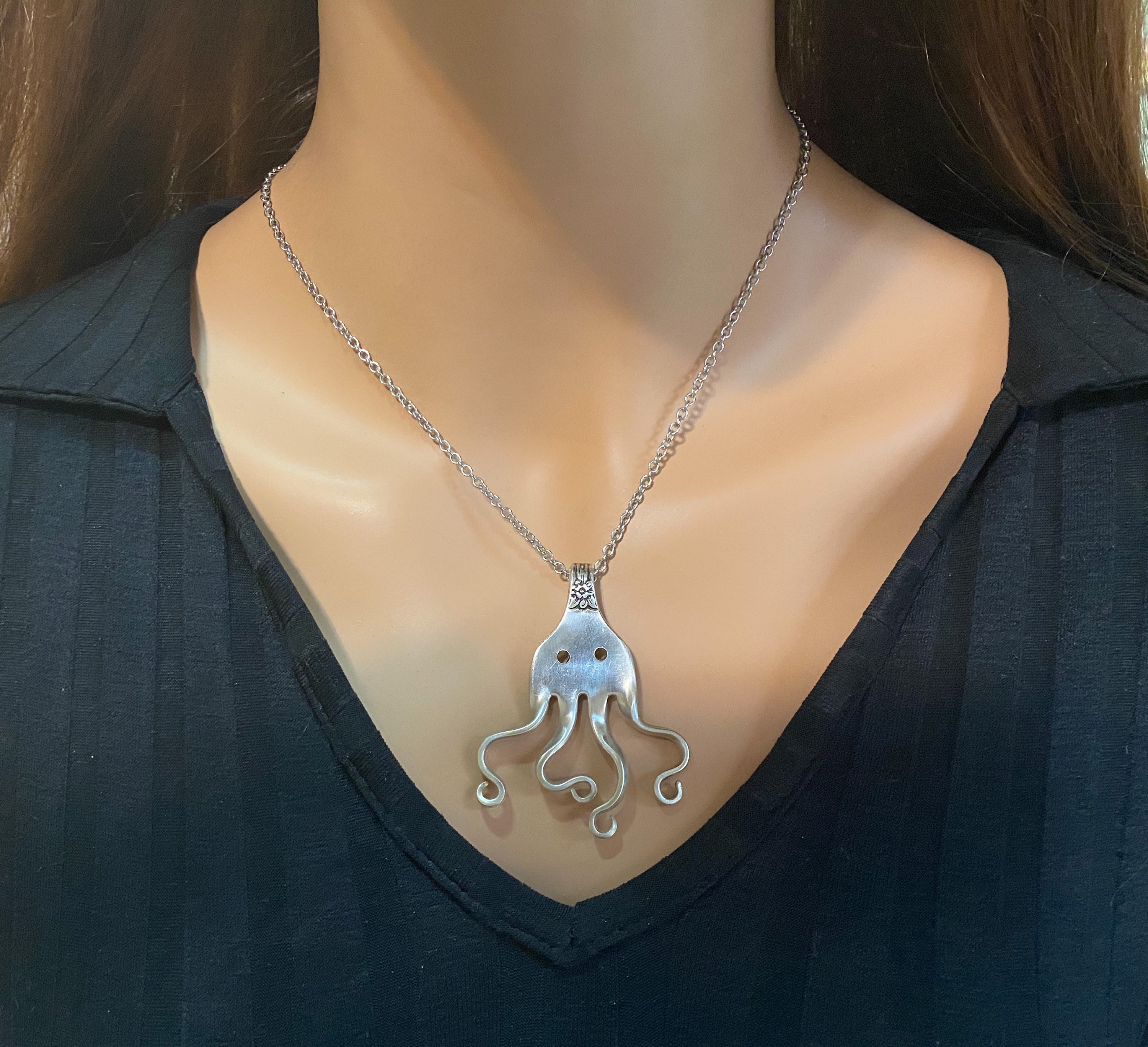 Octopus Fork Necklace, Fork Pendant, Unique Silverware Jewelry