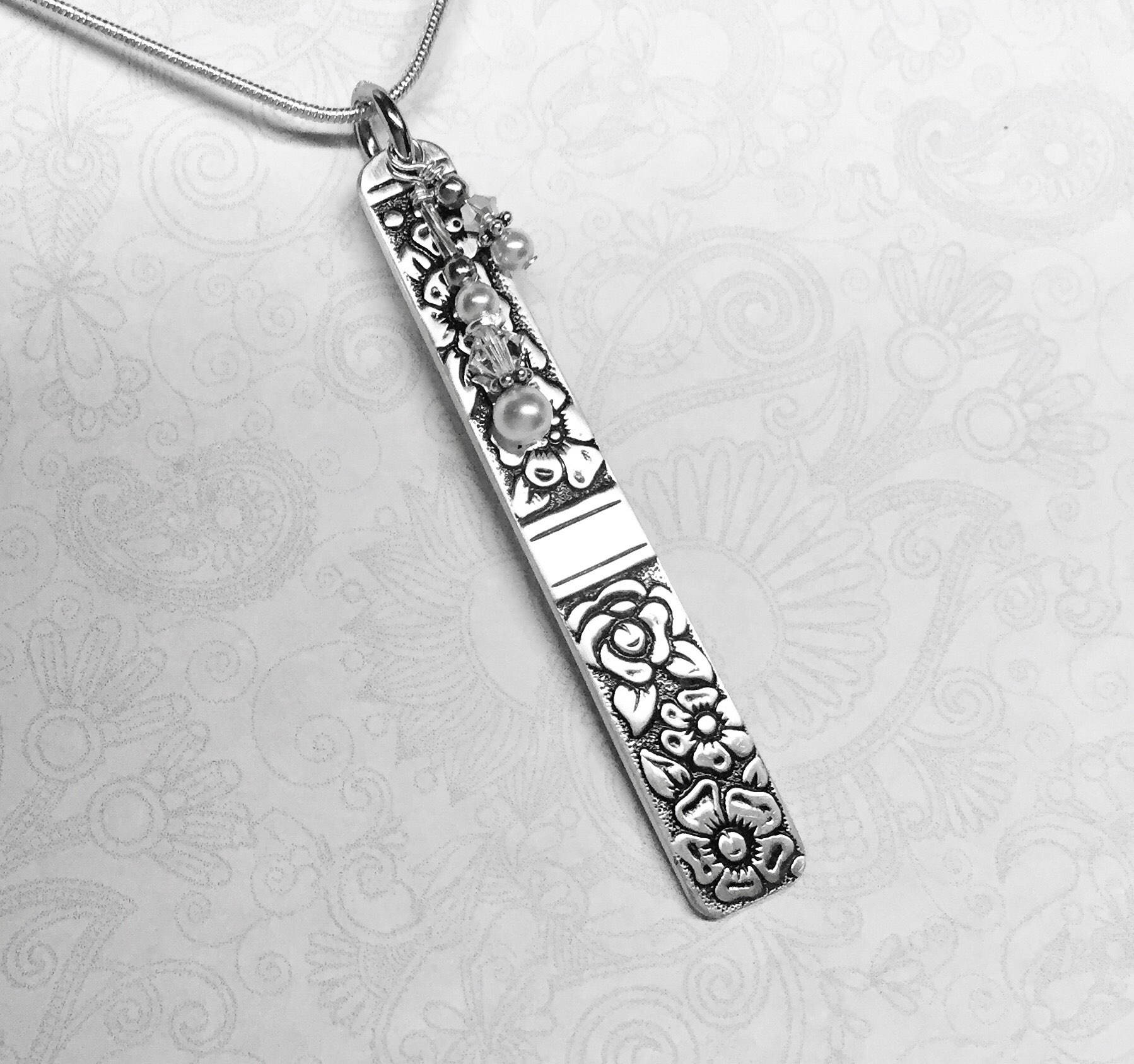 Long Spoon Necklace, White Pearls & Crystals, Silverware Jewelry