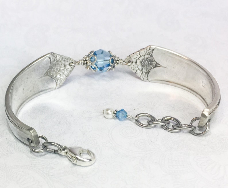 Spoon Bracelet, Aquamarine Swarovski Crystals & Sterling Silver Components, 'Starlight' 1950, Birthstone Bracelet, Silverware Jewelry, image 3