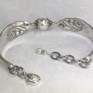 Silver Spoon Bracelet with White Crystal Pearls, Silverware Jewelry, 'Evening Star' 1950 image 3