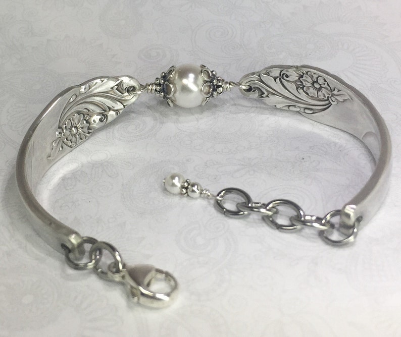 Silver Spoon Bracelet with White Crystal Pearls, Silverware Jewelry, 'Evening Star' 1950 image 3