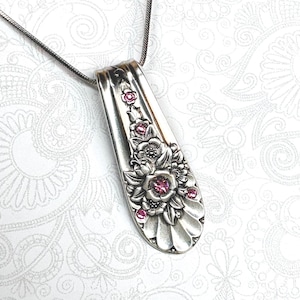 Spoon Necklace, Pink Swarovski Crystal Jewelry, Silverware Pendant, 'Jubilee' 1953, October Birthstone Necklace