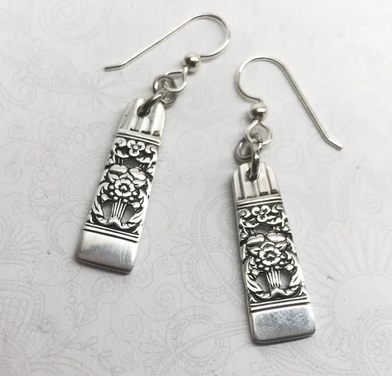 Vintage Spoon Earrings, Dangle Earrings, Silverware Jewelry, "Coronation" 1936