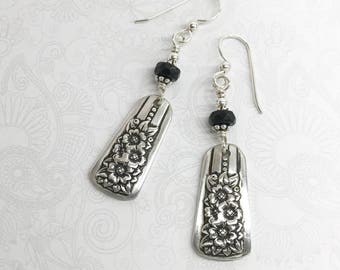 Demitasse Spoon Earrings, with Black Onyx, Dangle Silverware Earrings, Spoon Jewelry, 'Silver Belle' Circa 1940