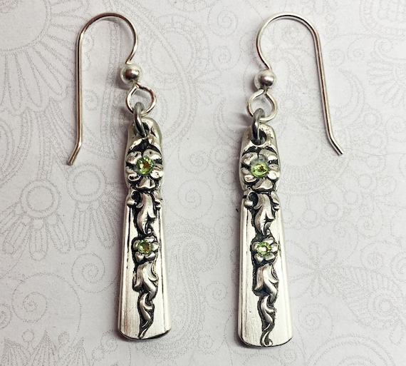 Dangle Spoon Earrings, Peridot Crystals, "Moss Rose" 1949, Silverware Jewelry