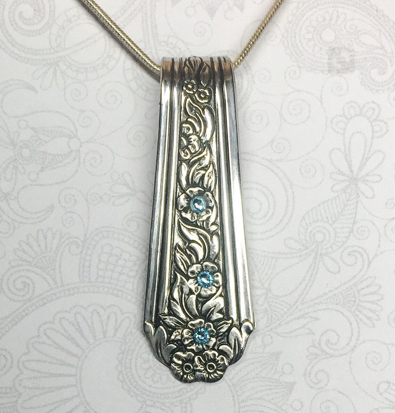 Vintage Spoon Necklace, Aquamarine Swarovski Crystals, Silverware Jewelry, 'Viceroy' 1936, Customizable Pendant image 2