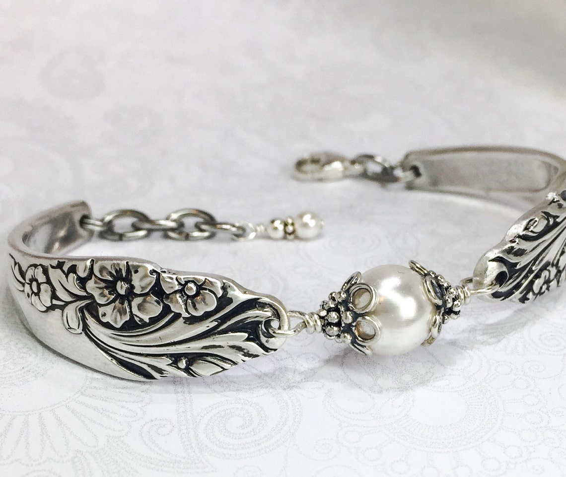Silver Spoon Bracelet with White Crystal Pearls Silverware Etsy