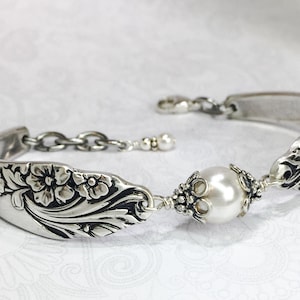 Silver Spoon Bracelet with White Crystal Pearls, Silverware Jewelry, 'Evening Star' 1950