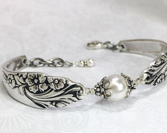 Silver Spoon Bracelet with White Crystal Pearls, Silverware Jewelry, 'Evening Star' 1950