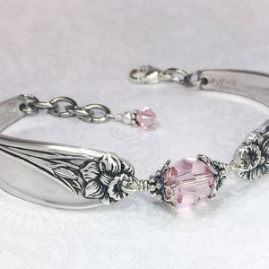 Silver Spoon Bracelet, Light Pink Crystals, White Pearl, Spoon Jewelry, 'Daffodil' 1950, Customizable Spring Bracelet image 2