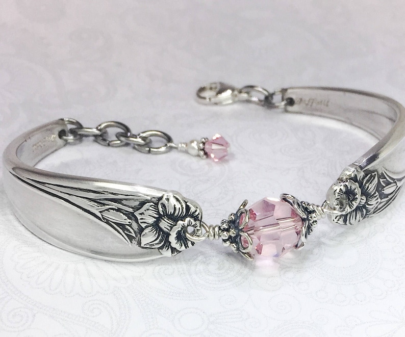 Silver Spoon Bracelet, Light Pink Crystals, White Pearl, Spoon Jewelry, 'Daffodil' 1950, Customizable Spring Bracelet image 2