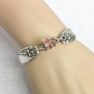 Silver Spoon Bracelet, Light Pink Crystals, White Pearl, Spoon Jewelry, 'Daffodil' 1950, Customizable Spring Bracelet image 5