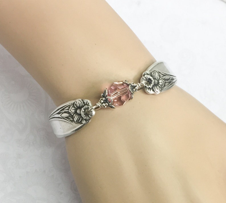 Silver Spoon Bracelet, Light Pink Crystals, White Pearl, Spoon Jewelry, 'Daffodil' 1950, Customizable Spring Bracelet image 5