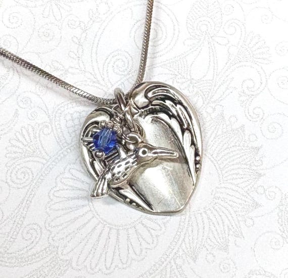 Heart Spoon Necklace, Blue Sapphire Crystal, Hummingbird Pendant, Customizable Birthstone Pendant, 'Chalice' 1958 Silverplate