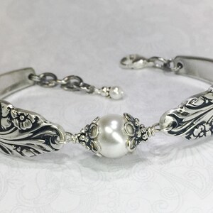 Silver Spoon Bracelet with White Crystal Pearls, Silverware Jewelry, 'Evening Star' 1950 image 2