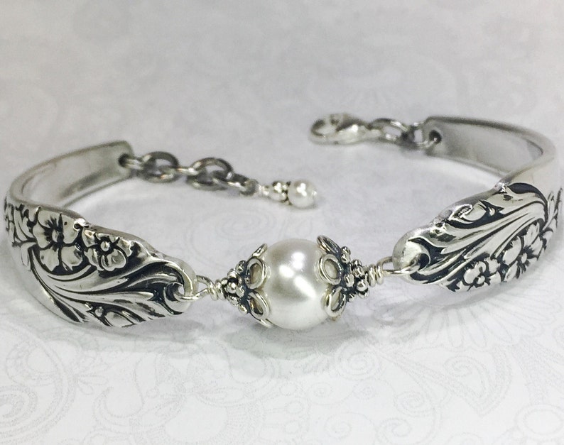 Silver Spoon Bracelet with White Crystal Pearls, Silverware Jewelry, 'Evening Star' 1950 image 2