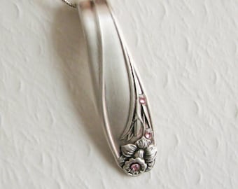 Spoon Necklace, Vintage Spoon Pendant, Daffodil 1950, Light Pink Crystals, Silverware Jewelry