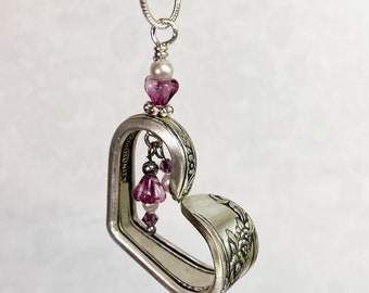 Floating Heart Spoon Necklace, Amethyst Flower Beads, White Pearls, Silverware Jewelry, "Queen Bess" 1946