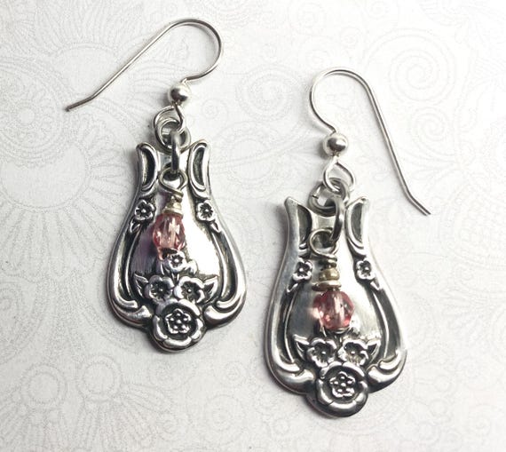 Spoon Earrings, Pink Crystals, Dangle Earrings, "Magnolia" 1951