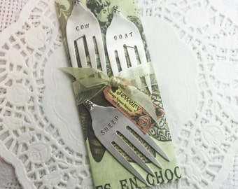 Fork Cheese Markers, Hand Stamped Vintage Forks, Goat, Sheep, Cow, Gift Set of 3